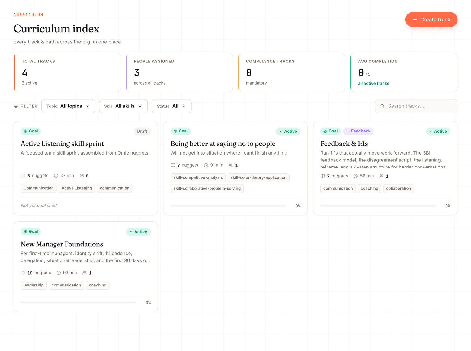 Omie curriculum index — personalized learning tracks and paths assigned across the organization