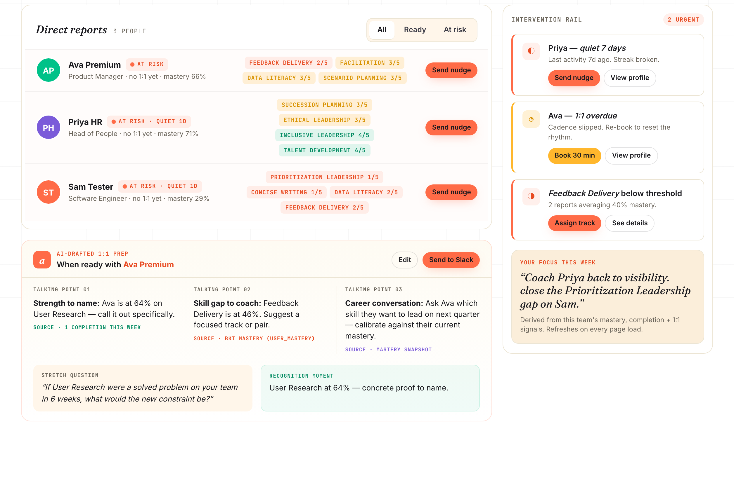 Omie manager dashboard — the direct-reports list with one-tap nudges and an intervention rail flagging who's stalled or overdue for a 1:1