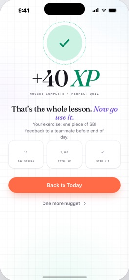 Omie iOS app, nugget complete screen with XP earned