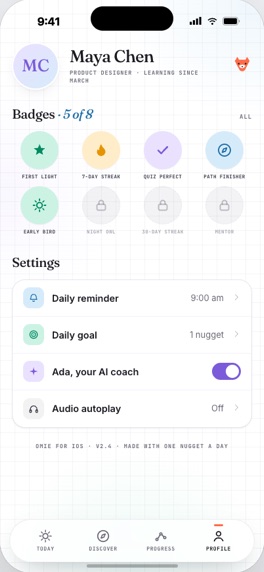 Omie iOS app, profile screen with badges and settings