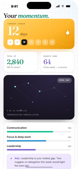 Omie iOS app, progress screen with streak, XP and the skill constellation