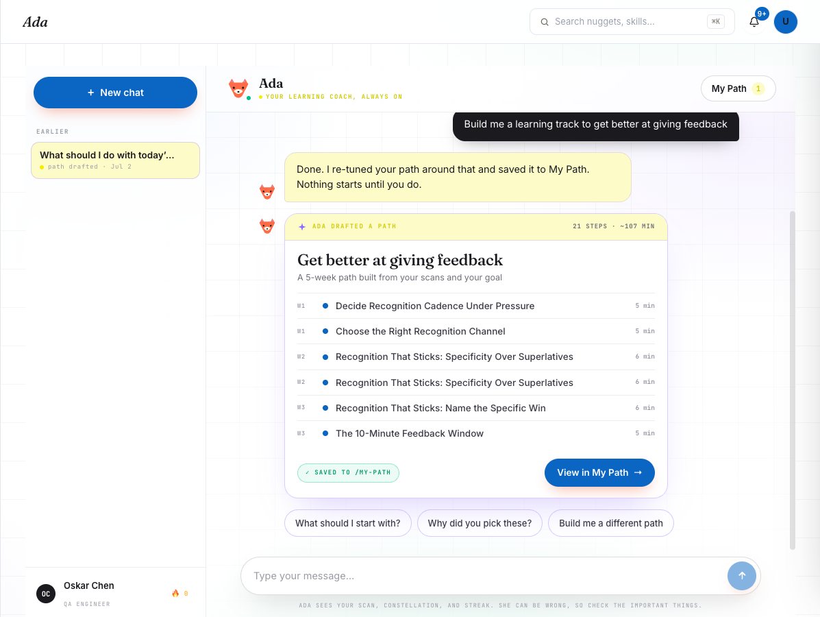 The Ada chat: a learner asks for a feedback track and Ada replies with a drafted 5-week path of real lessons, already saved to My Path, with a View in My Path button.