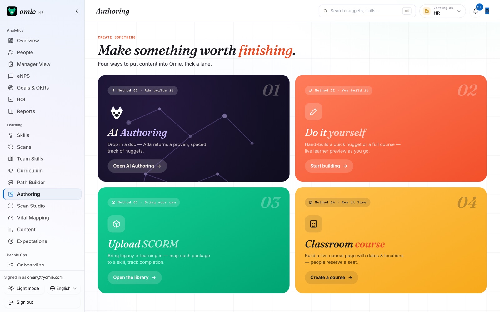 The authoring workspace with tracks, lesson formats and drafts.