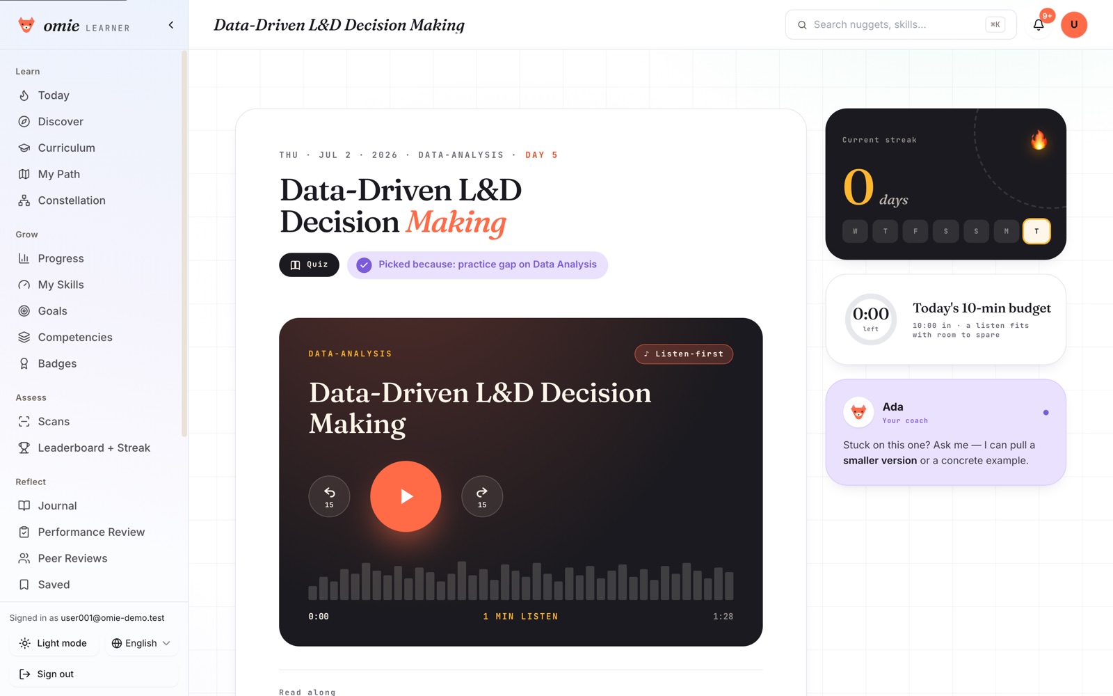 An Omie lesson open in the app: a listen-first audio player, the day's ten-minute budget, and a note showing the lesson was picked for a practice gap.