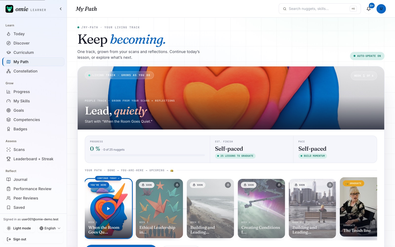 The My Path view: a living track grown from scans and reflections, with progress, pace, and week-by-week lesson cards leading to a graduate step.