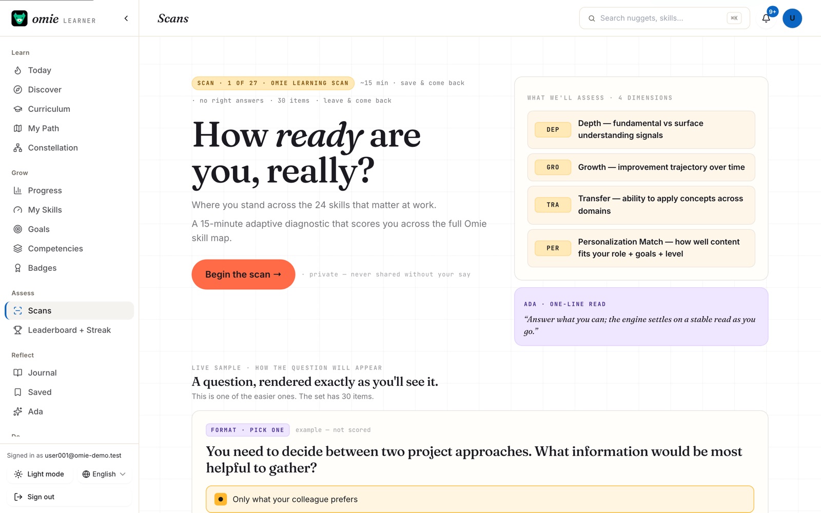 The Omie Learning Scan: an adaptive diagnostic with no right answers, showing the four dimensions it assesses and a sample question exactly as it will appear.