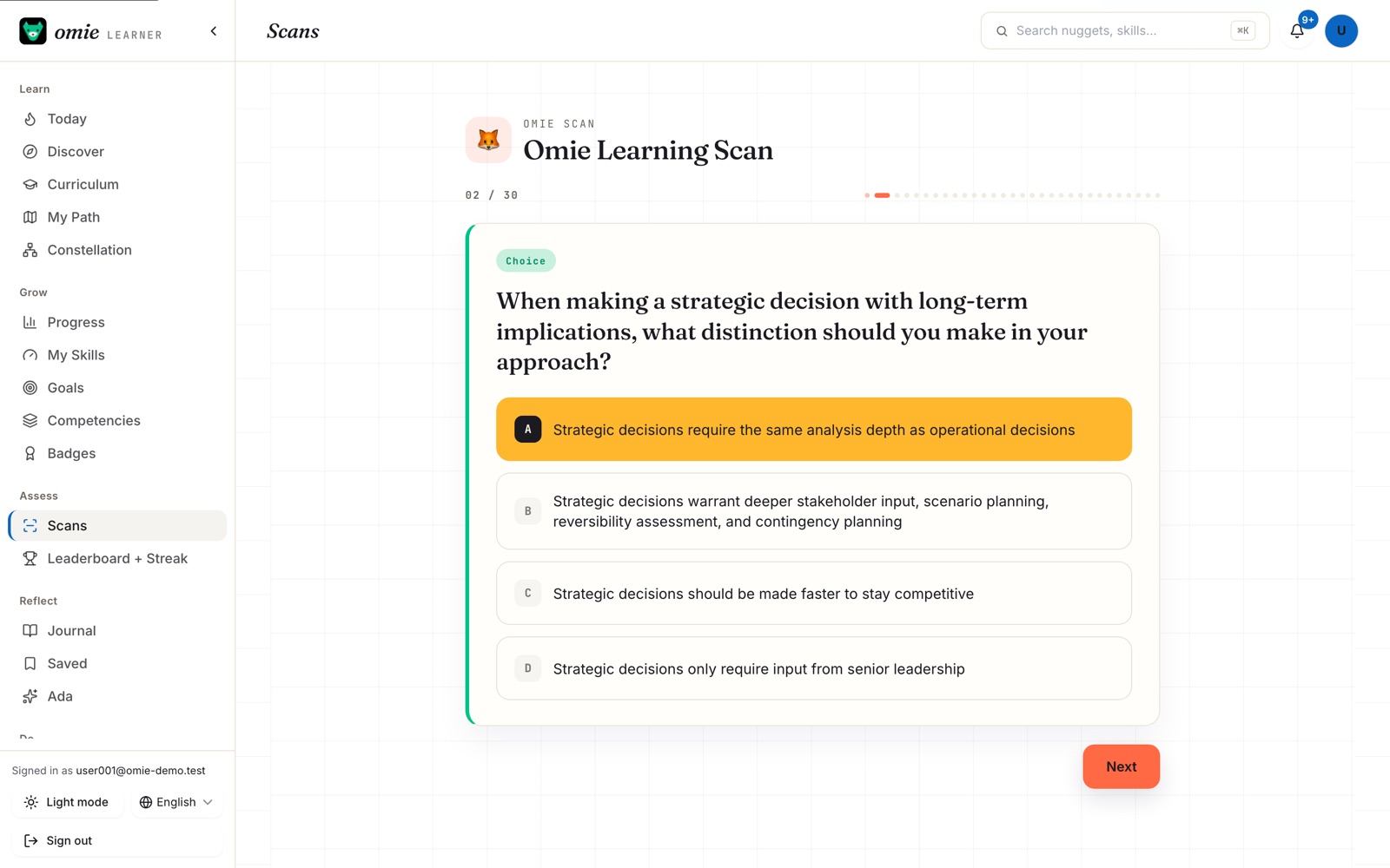 A Learning Scan item mid-flight: one question on screen with four answer options, quick to tap, with progress shown as 2 of 30.