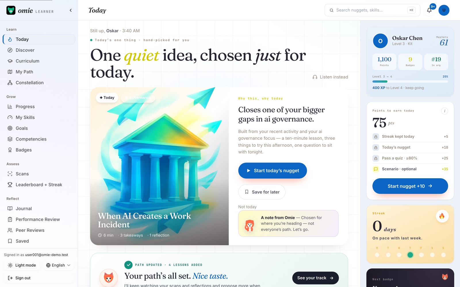 The Omie Today page: one daily lesson chosen for the learner, a plain explanation of why this and why today, points to earn, and the current streak.